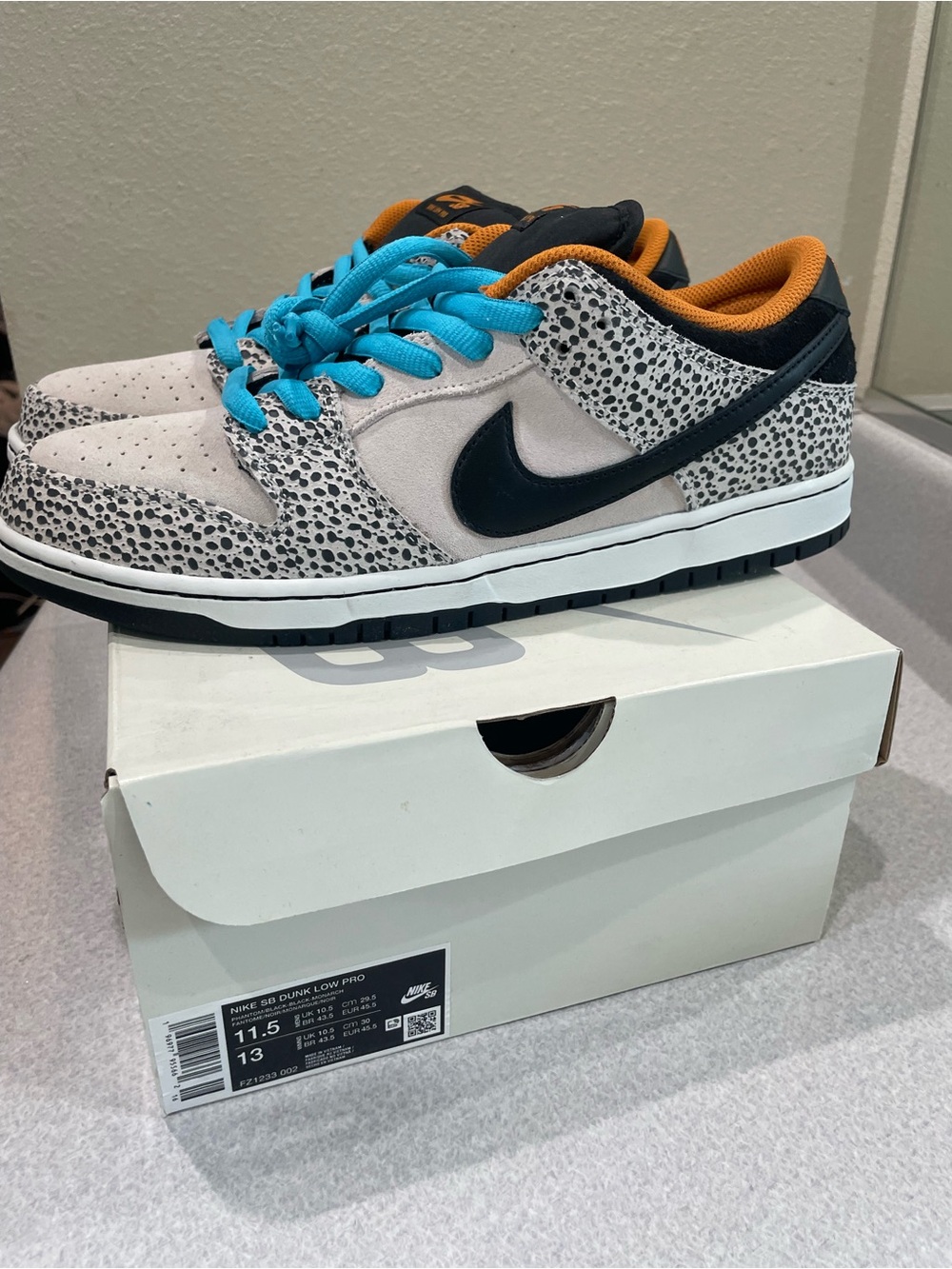 Nike Dunk Low Safari Print with Teal Laces and Orange Lining